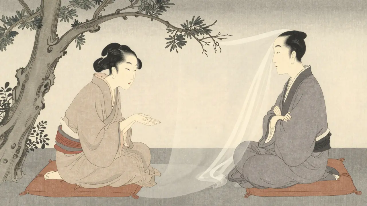 Terapeut mezi partnery, jeden otevřený, druhý uzavřený, strom s různými větvemi jako metafora rozdílných potřeb.