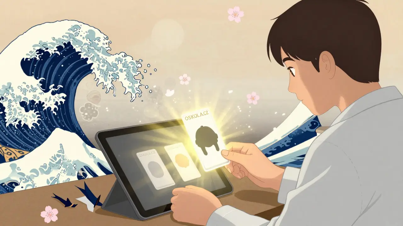 Terapeutka používá laminované kartičky s AR animací, dítě pozoruje jemně vznikající tvar v klidném prostředí.