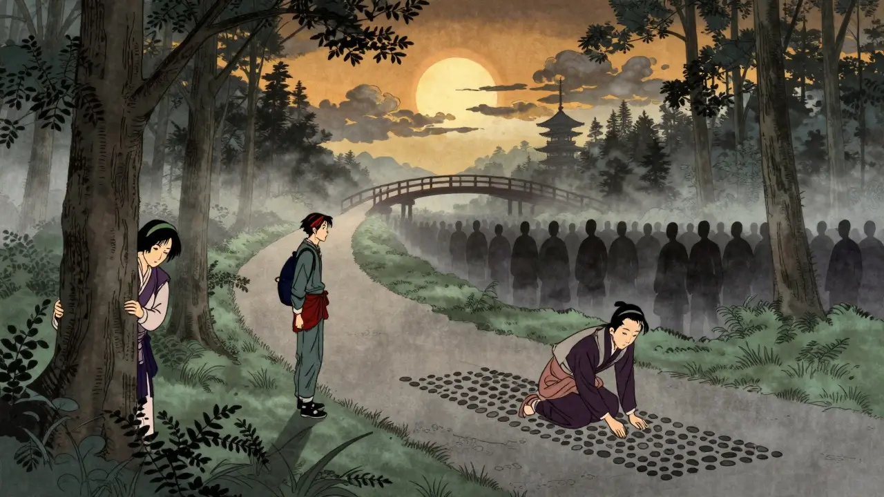 Tři cestovatelé v mlze, každý s jinou poruchou osobnosti, směřující k mostu naděje.