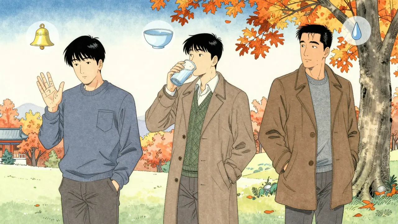 Tři lidé v různých fázích výuky interocepce s symbolickými značkami hladu, sytosti a emocí.