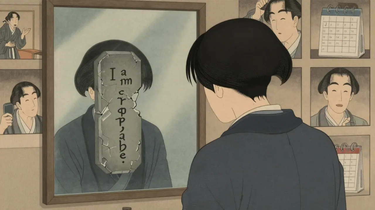 Zrcadlo odrazí člověka jako kamenitou tabuli s nápisem 'Jsem nezodpovědný', zatímco úspěchy kolem něj zůstávají neviděné.