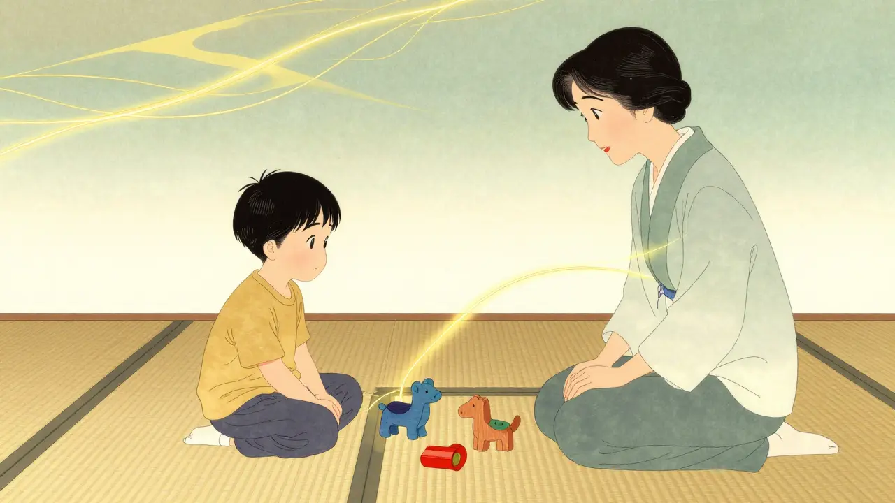 Dítě, terapeut a rodič společně hrají s hračkami v harmonickém prostředí.