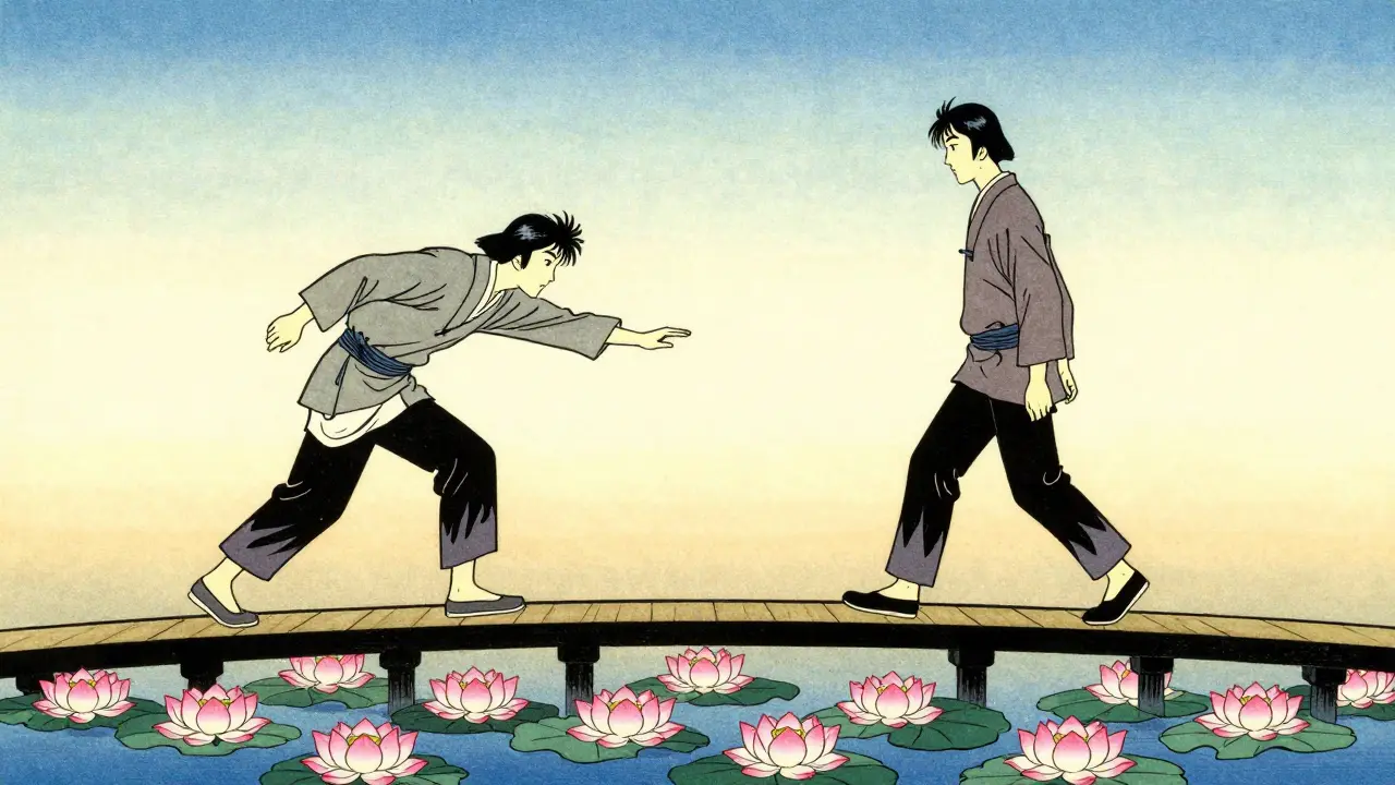 Dva lidé s různými připojovacími styly hledající společnou cestu na mostě z lotosů.