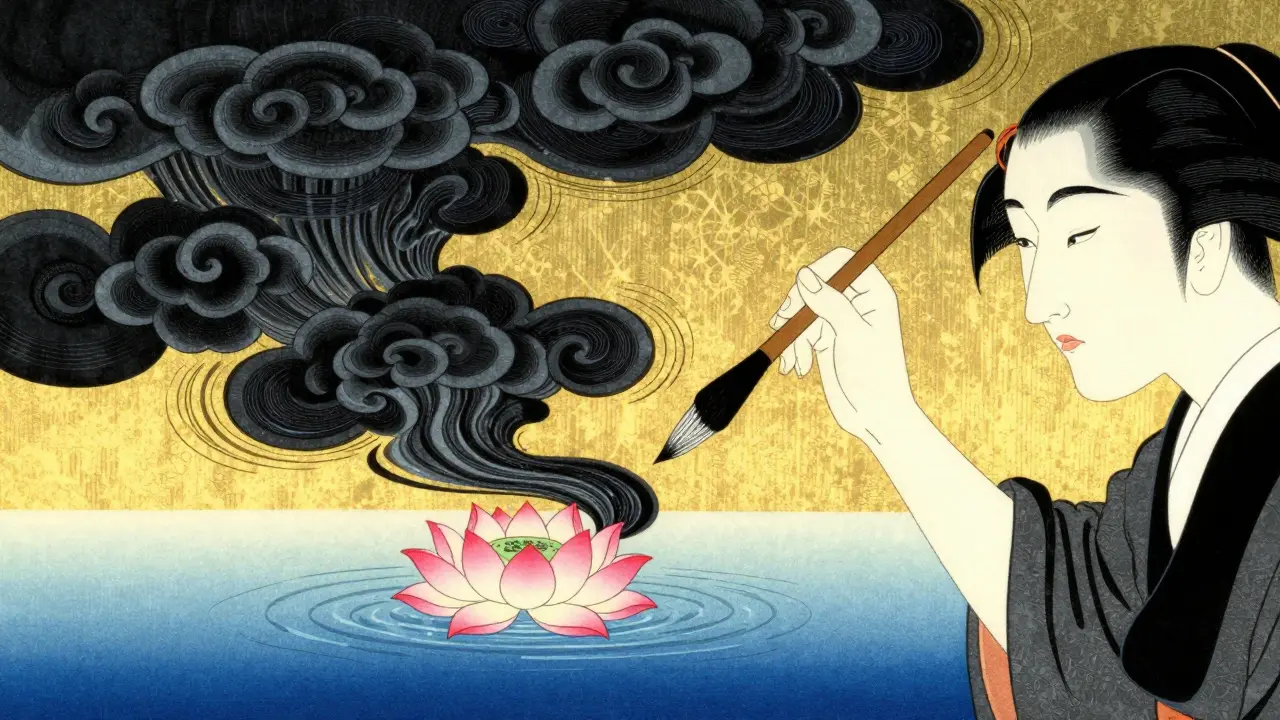 Ilustrace procesu změny negativních myšlenek na pozitivní v japonském stylu.