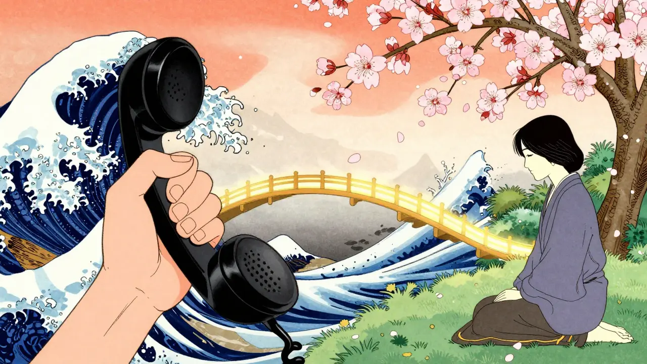 Ilustrace telefonické linky důvěry jako zlatý most k pomoci.