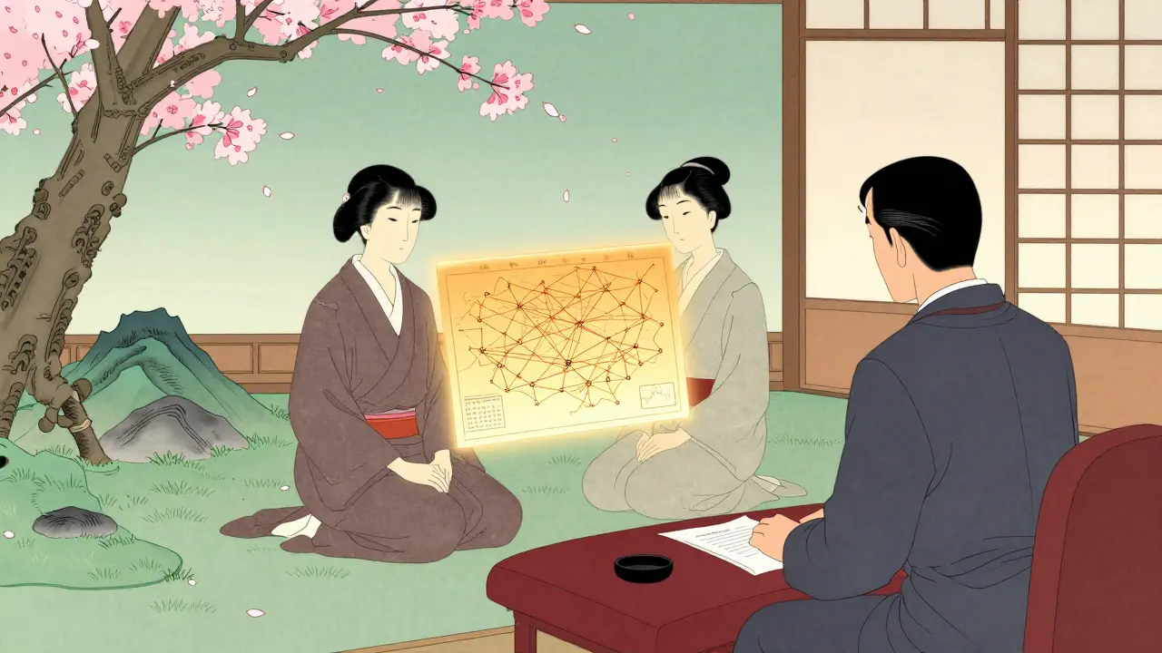 Ilustrace terapeuta pomáhácího páru porozumět jejich vztahové mapě v minimalistickém prostředí.