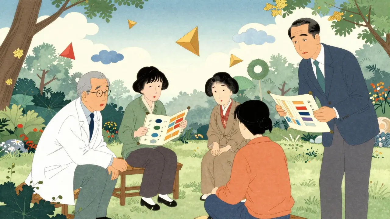 Ilustrace terapeutického týmu pomáhajícího pacientovi v stylizované japonské zahradě.