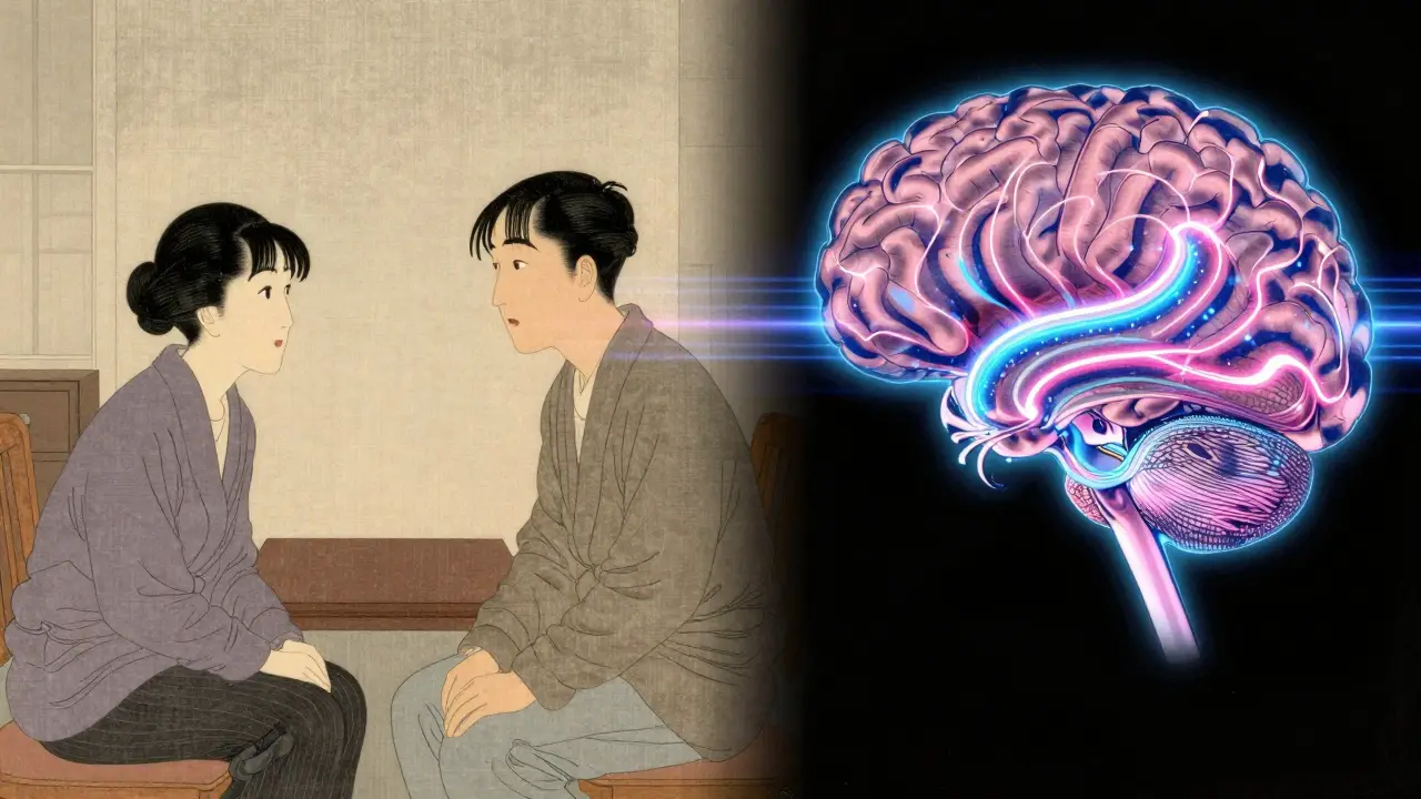 Kombinace lidského rozhovoru a vizualizace synchronizace mozku v stylu Ukiyo-e.