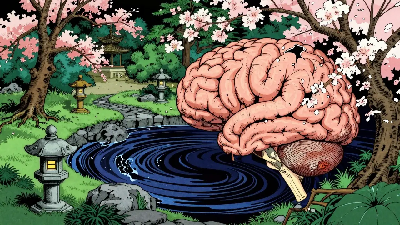 Konceptuální znázornění mozku jako japonské zahrady s částmi v rozkvětu a částmi v úpadku.