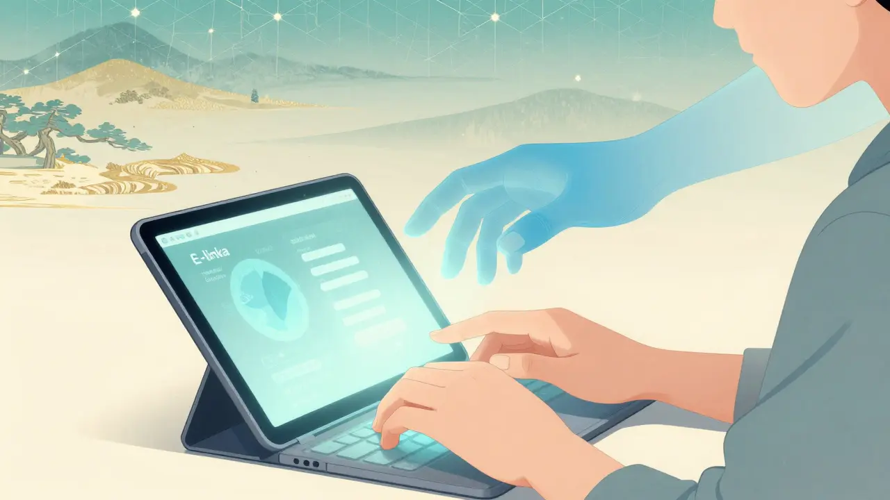 Kresba digitální pomoci a e-linky v tradičním japonském stylu.