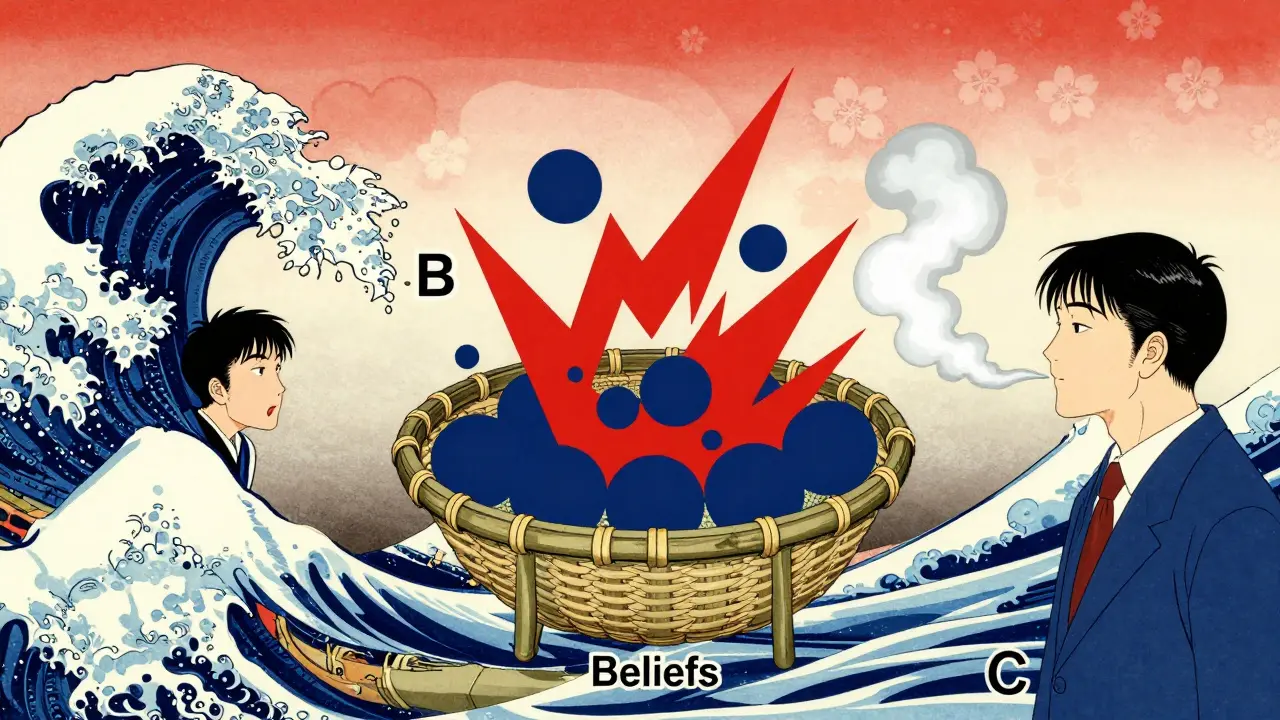 Kresba modelu ABC v japonském stylu znázornující přeměnu negativních myšlenek na racionální.