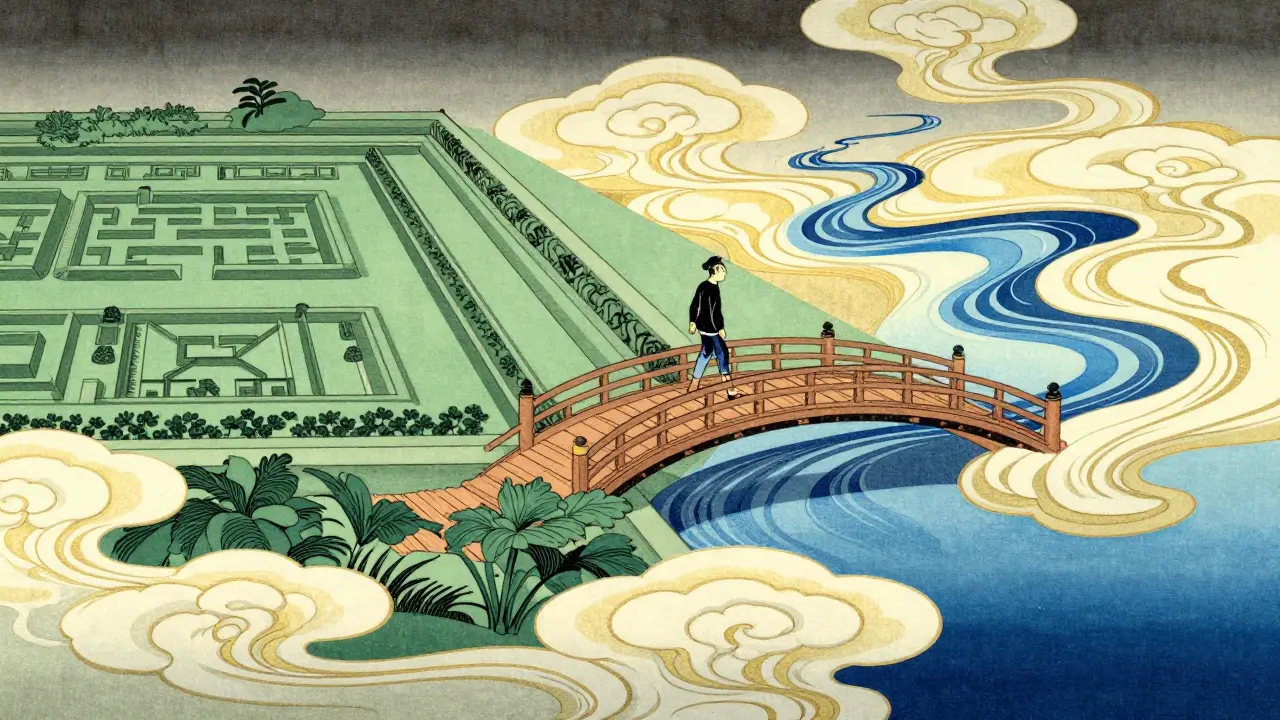 Kresba mostu spojujícího rigidní řád a flexibilitu v japonském stylu ukiyo-e.