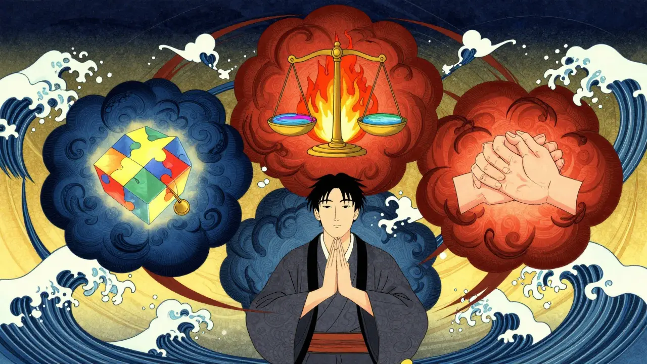 Kresba tří pilířů psychiky: kognitivní, emoční a společenské roviny.