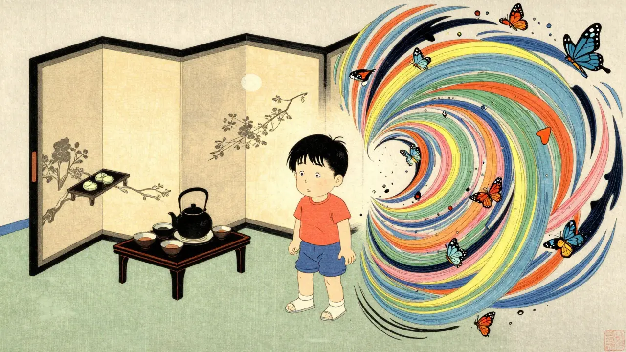 Kresba v stylu Ukiyo-e znázornující vnitřní rozpor mezi potřebou rutiny a hyperaktivitou.