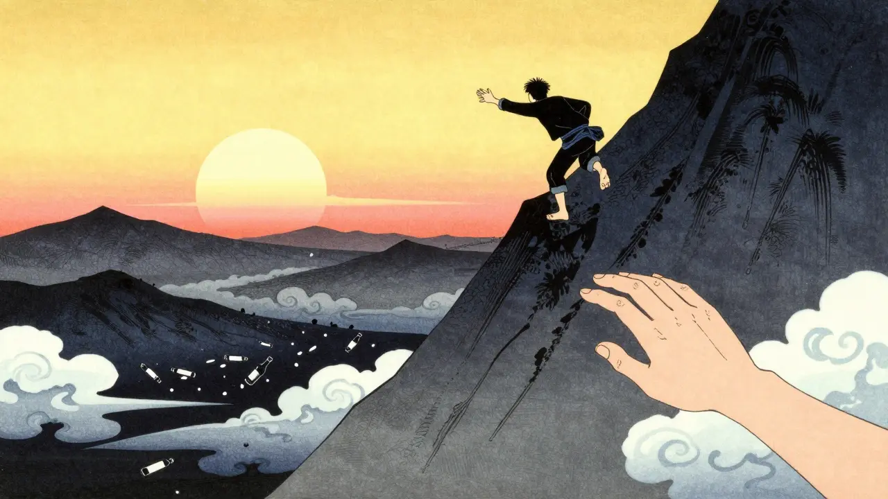 Osoba vystupující z temného údolí k slunci, symbolizující cestu k uzdravení a psychické pomoci.