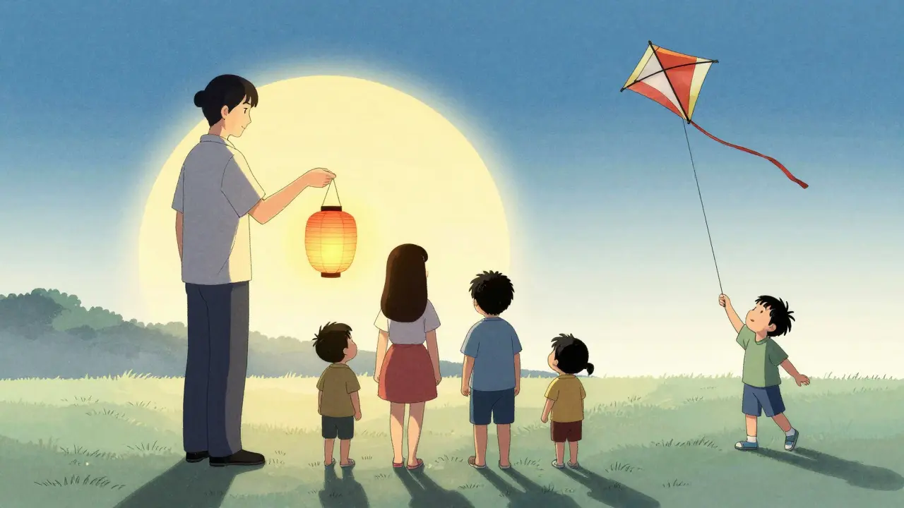 Peer worker vedoucí rodinu k naději a stabilitě v stylu Ukiyo-e.