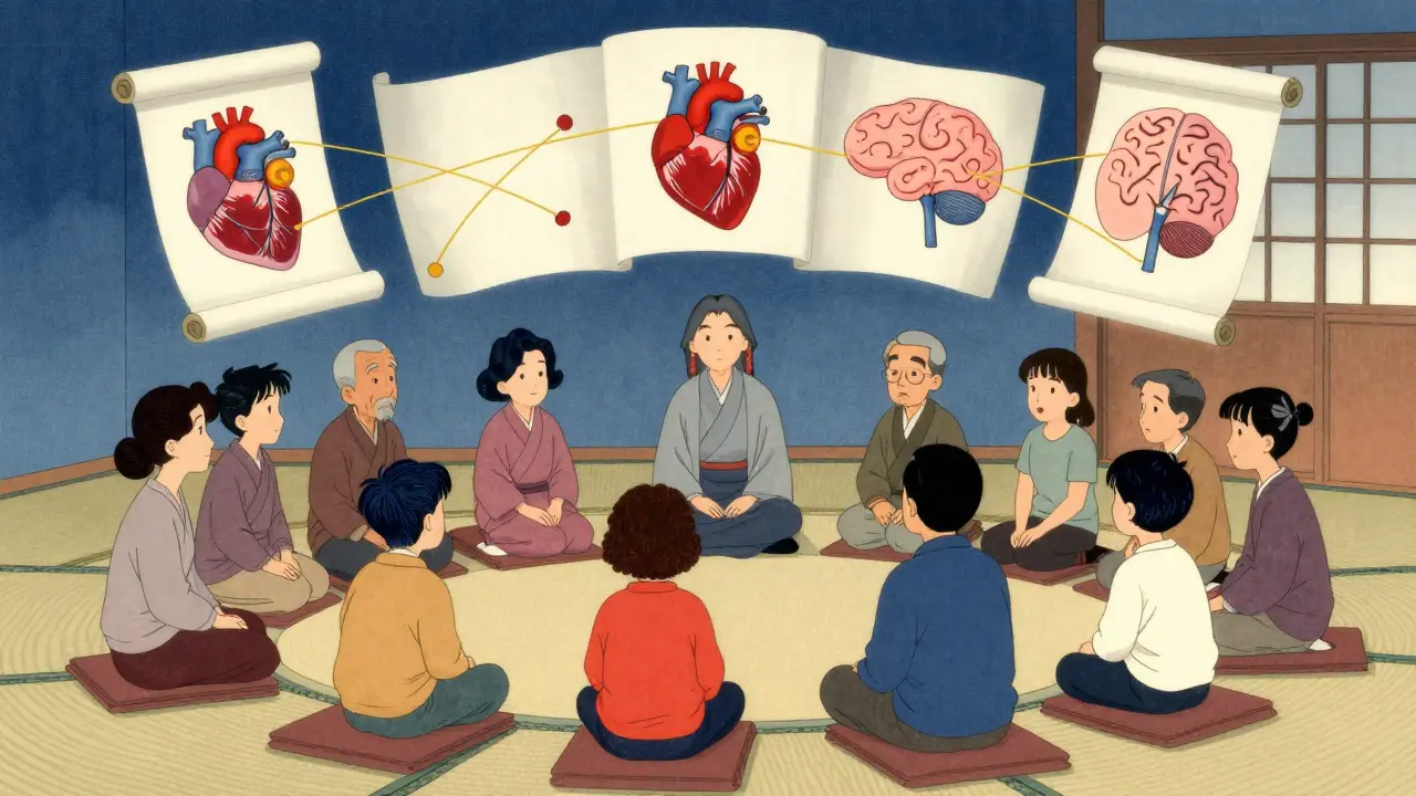 Rodina při psychoedukaci s terapeutem v tradičním japonském stylu.