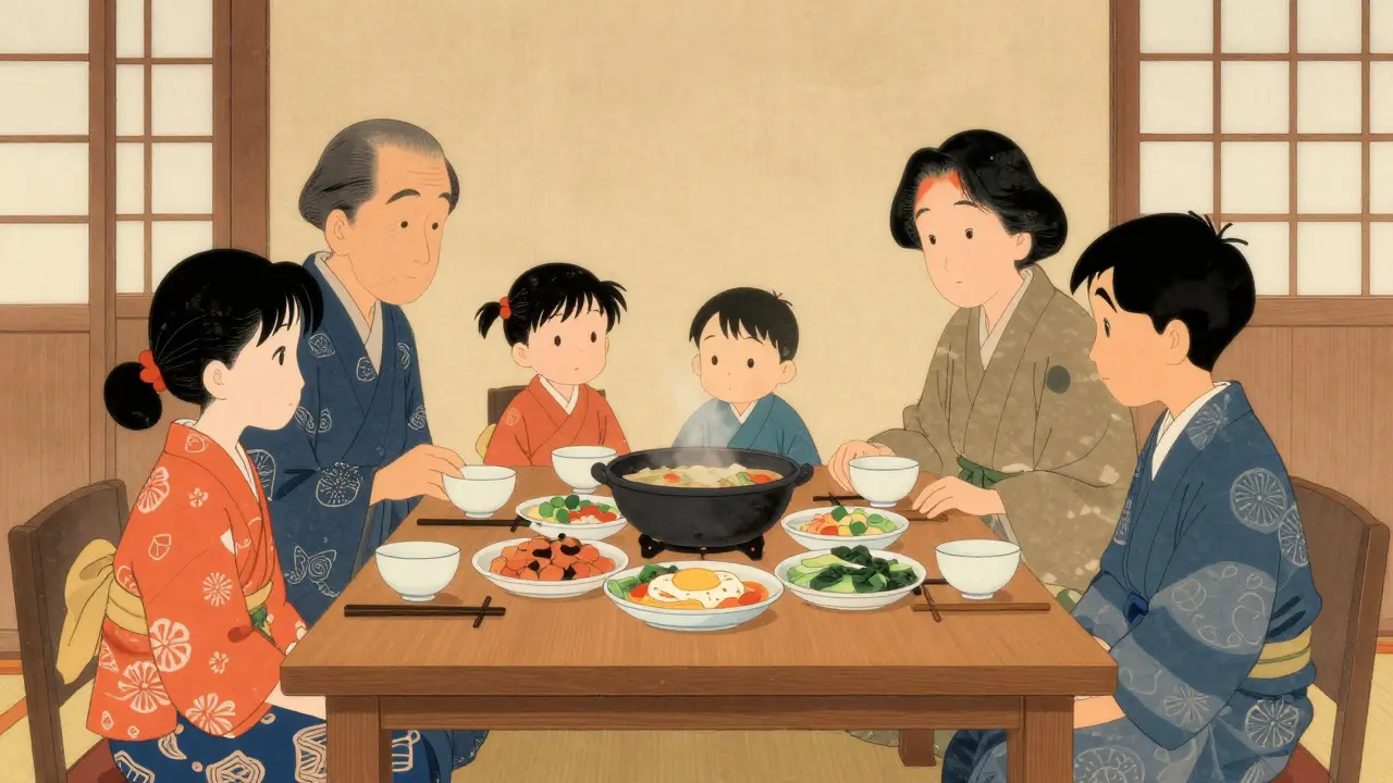 Rodina společně jídlu v harmonické a bezstresové atmosféře.