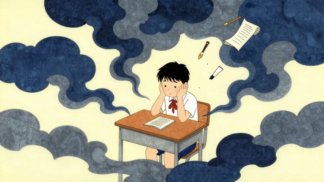 Školní dítě obklopené stylistickými modrými mraky úzkosti ve stylu ukiyo-e.