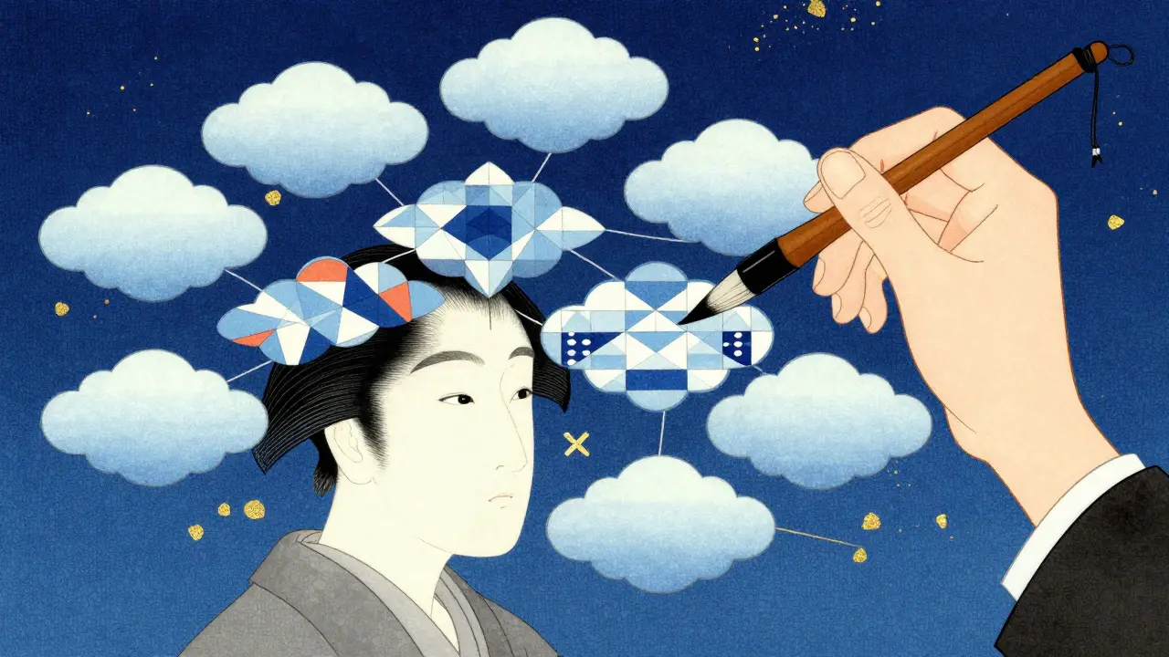 Stylizovaná znázornění diagnostiky mysli v japonském uměleckém stylu.