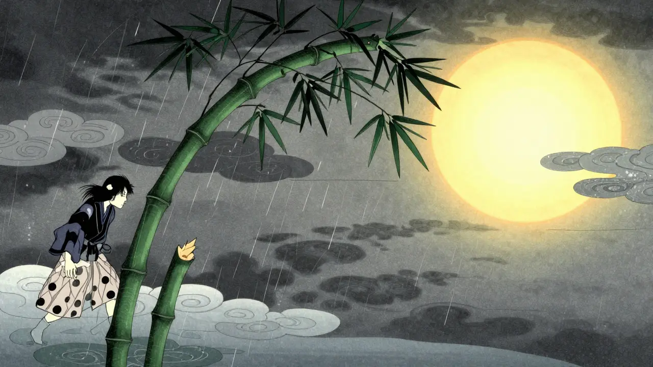 Stylizovaný obraz bambusu v bouři symbolizující psychickou odolnost.