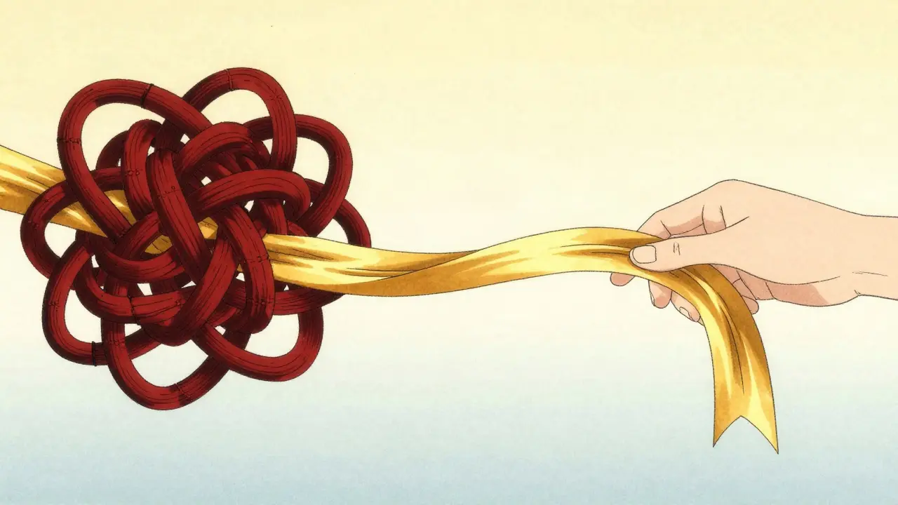 Symbolická změna zapletených emočních vzorců na zlatou hedvábnou stuhu.