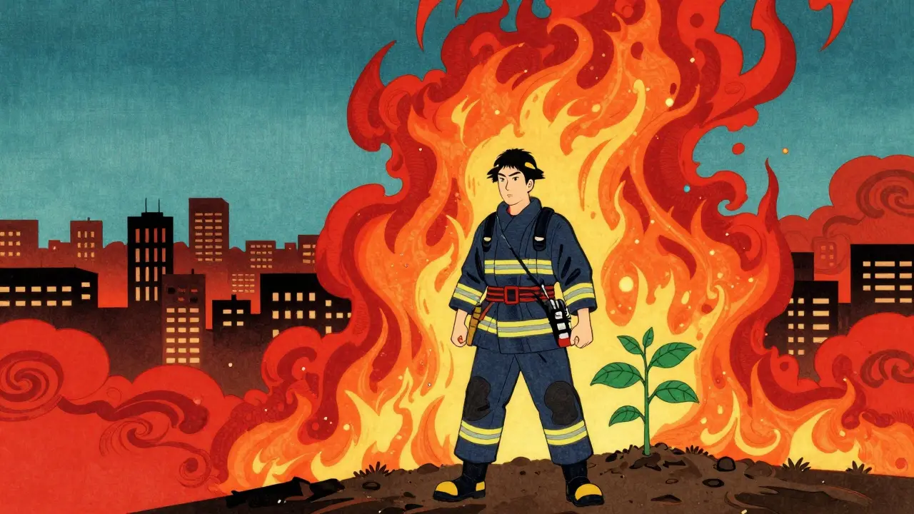 Symbolický obraz jednoho hasiče před hořícím městem s malým zeleným stromkem naděje.