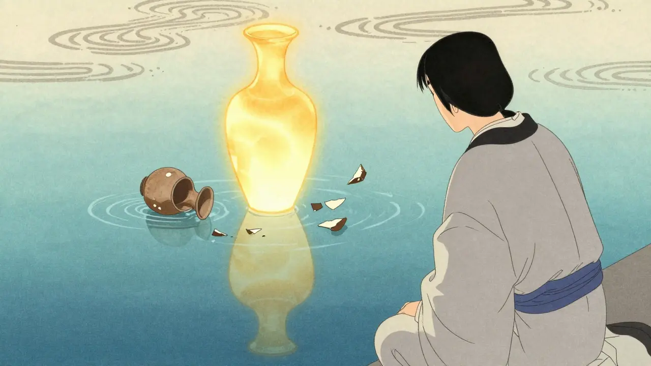 Ukiyo-e ilustrace člověka u zrcadlového jezera symbolizující bezpodmínečnou akceptaci sebe sama.