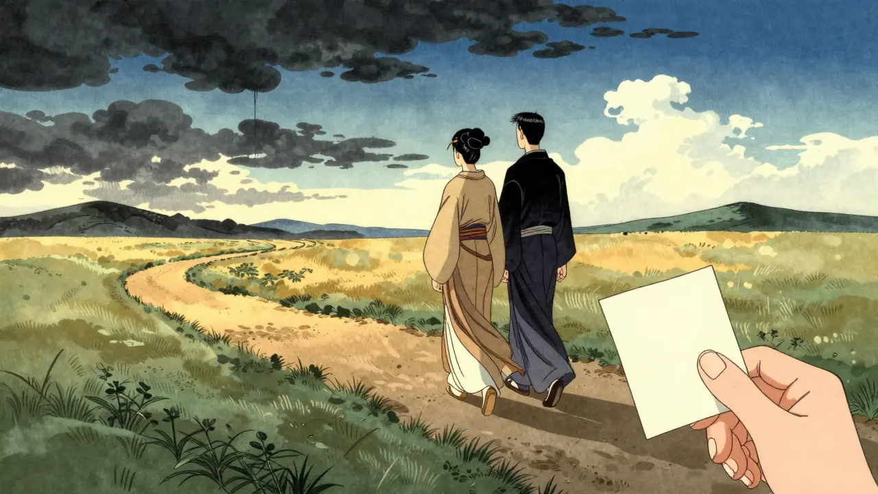 Cesta páru k lepší komunikaci, přechod od bouře ke klidu ve stylu ukiyo-e