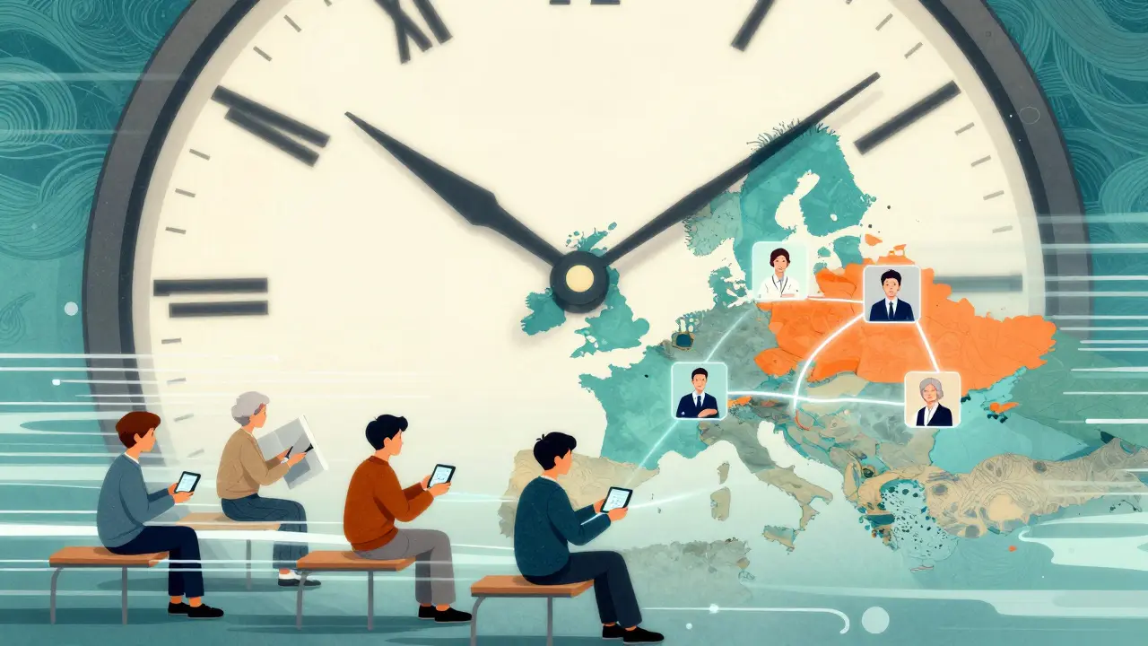 Ilustrace rychlosti online terapie v ČR s dynamickými prvky a propojením klientů s terapeuty přes digitální síť.