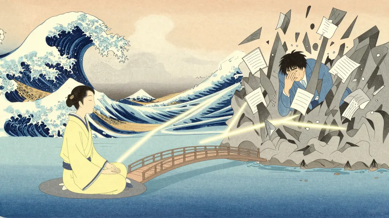 Ilustrace ve stylu ukiyo-e zobrazující rovnováhu mezi prací a odpočinkem pomocí klidné řeky.