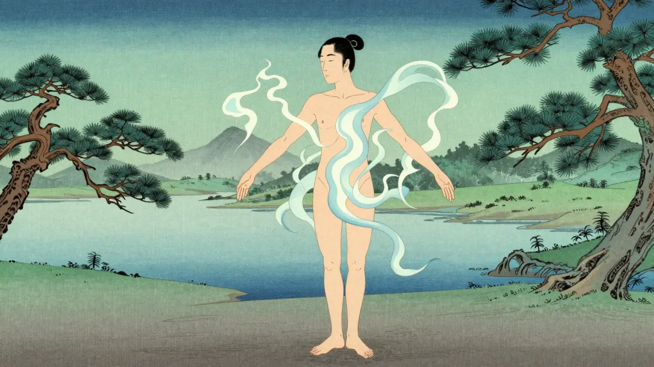 Klidná postava cvičí dech a pohyb na zemi, styl Ukiyo-e