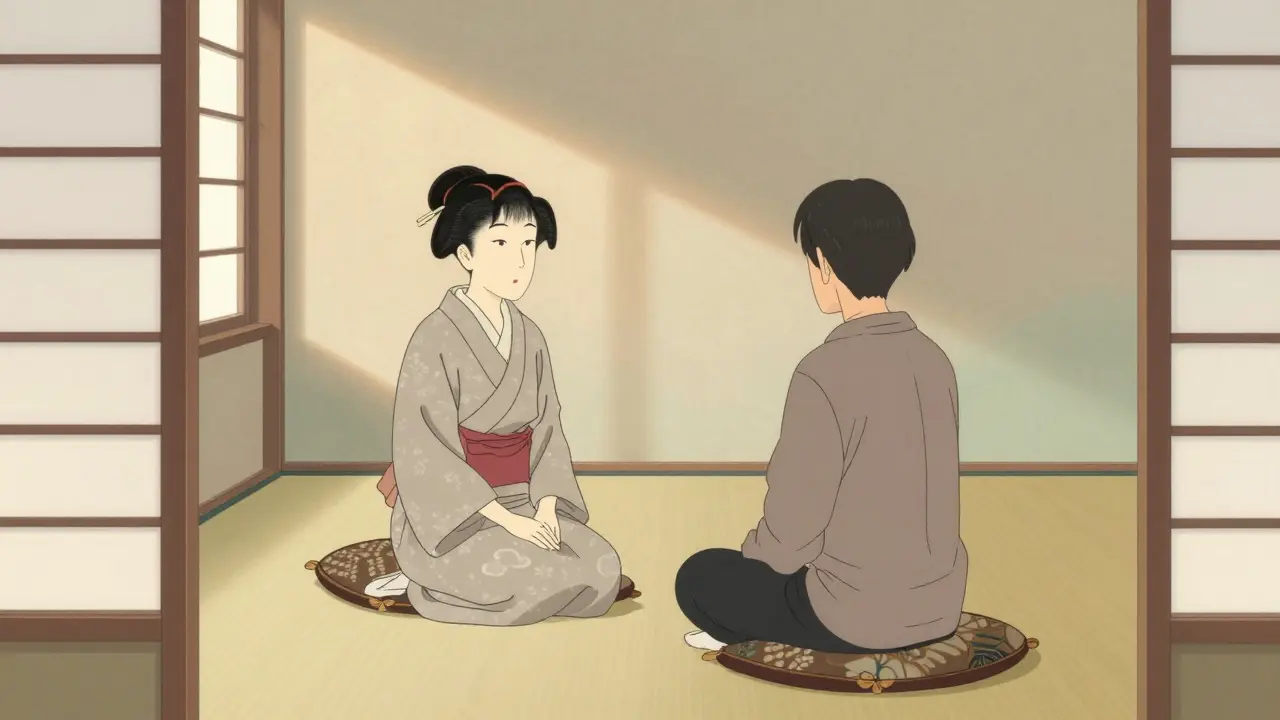 Klidná terapeutická relace zobrazená v tradičním japonském ilustrativním stylu