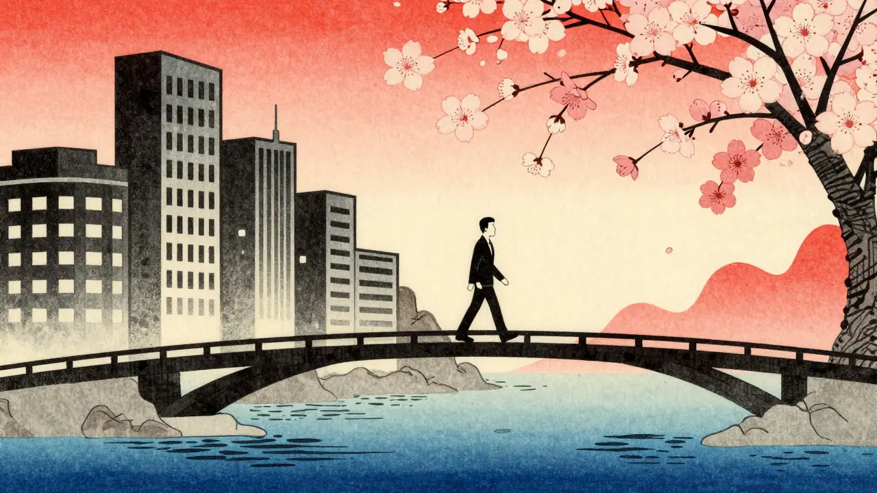 Konceptuální most mezi korporátním stresem a duševním zdravím ve stylu ukiyo-e