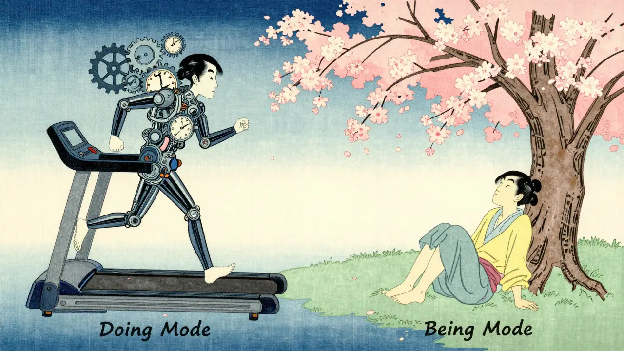 Kontrast mezi režimem děláni a bytí zobrazený pomocí tradičního japonského ilustračního stylu.