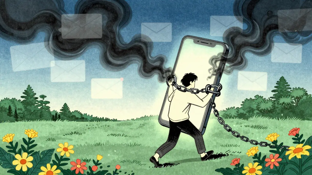 Kreslená postava se osvobozuje od digitálních pout chytrého telefonu ve stylu ukiyo-e.