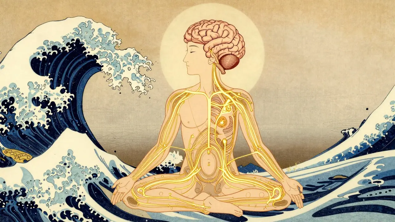 Mozelek propojený s tělem zlatými nitkami, styl Ukiyo-e