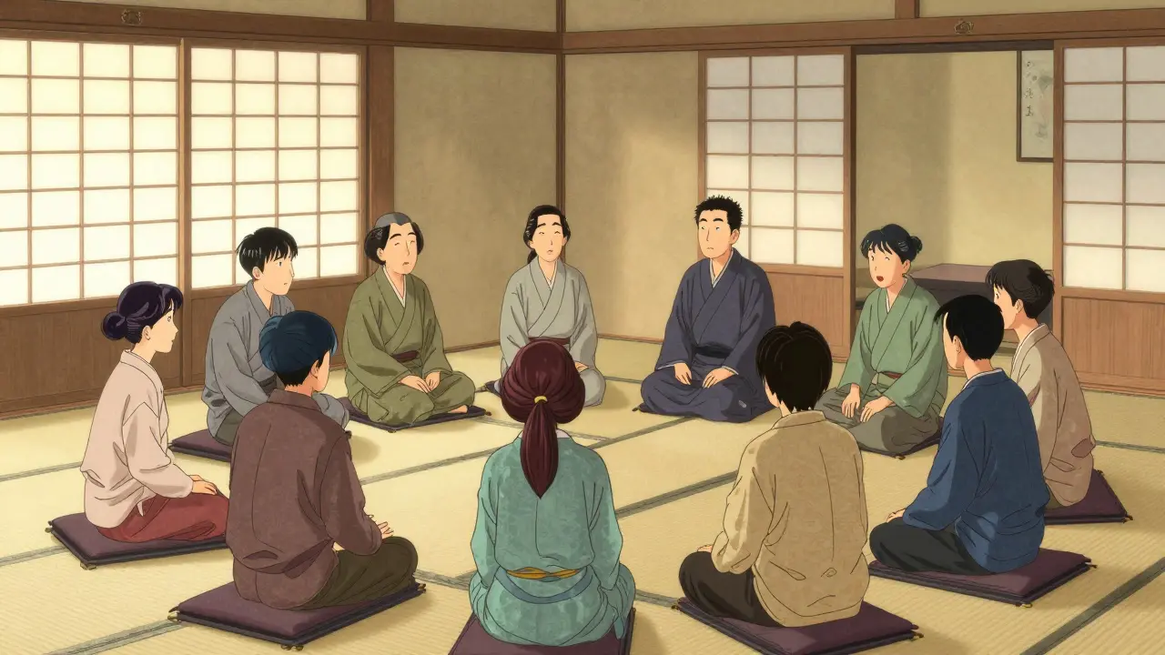 Skupinová terapie MBCT v japonském interiéru zdůrazňující komunitní podporu a všímavost.