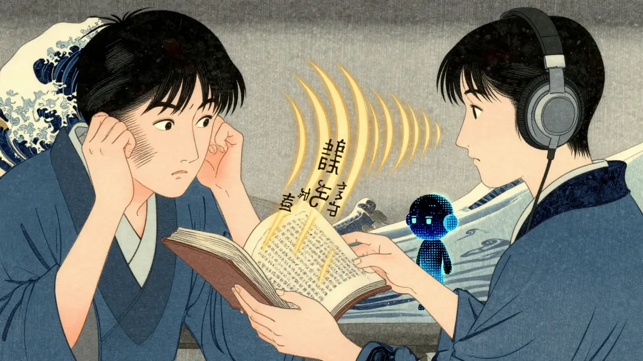 Stylizovaná ilustrace: Student používá technologii převodu textu na řeč pro lepší pochopení.