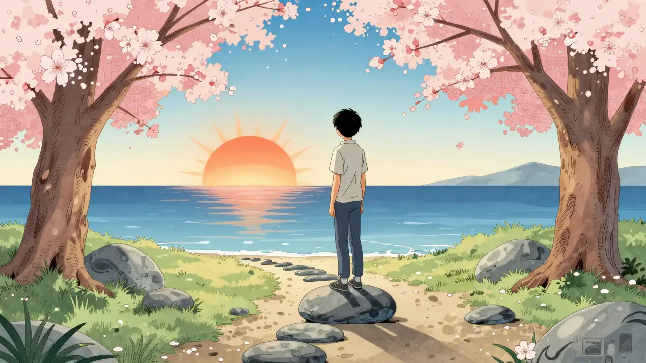 Symbolic recovery path, teen growing stronger with nature and hope
