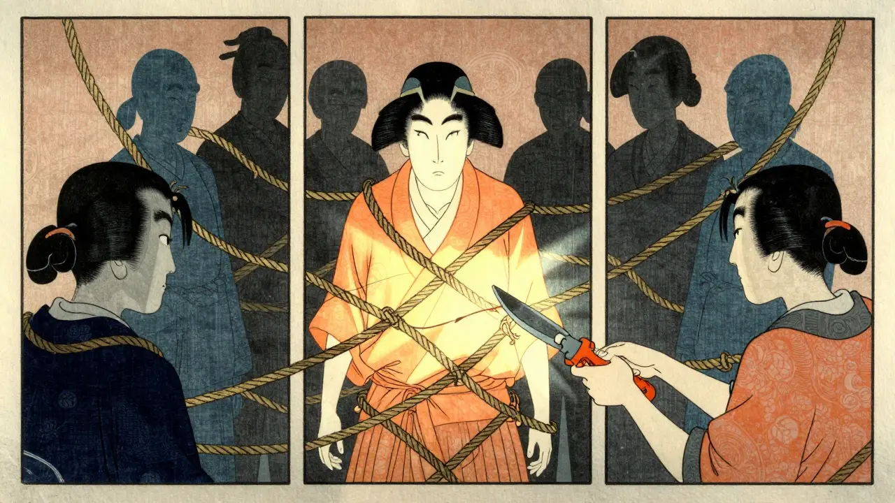 Ukiyo-e ilustrace: rodina přestřihává vazby kodependence