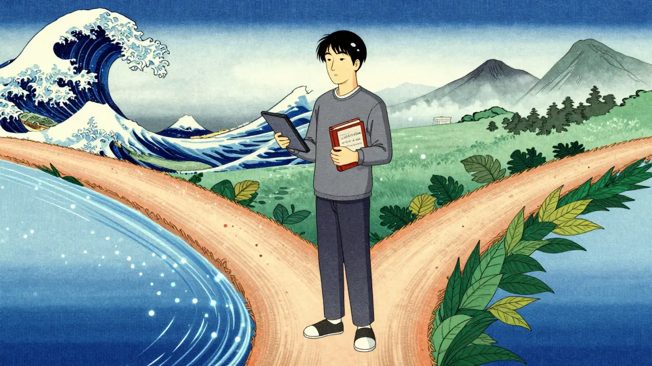 Ukiyo-e kresba symbolizující hybridní model terapie kombinující digitální a osobní kontakt.