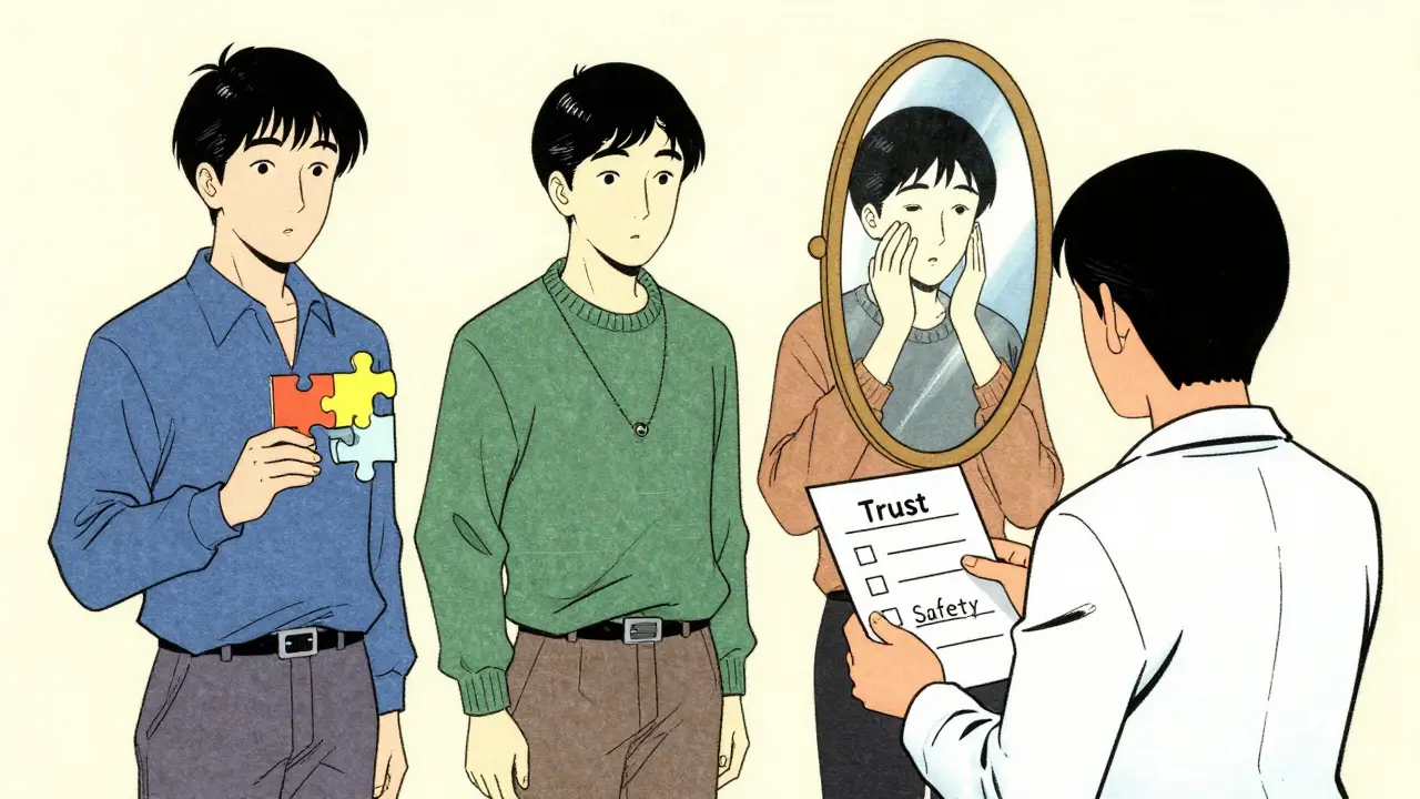 Výběr terapeuta zobrazený jako volba mezi různými přístupy ve stylu japonské grafiky