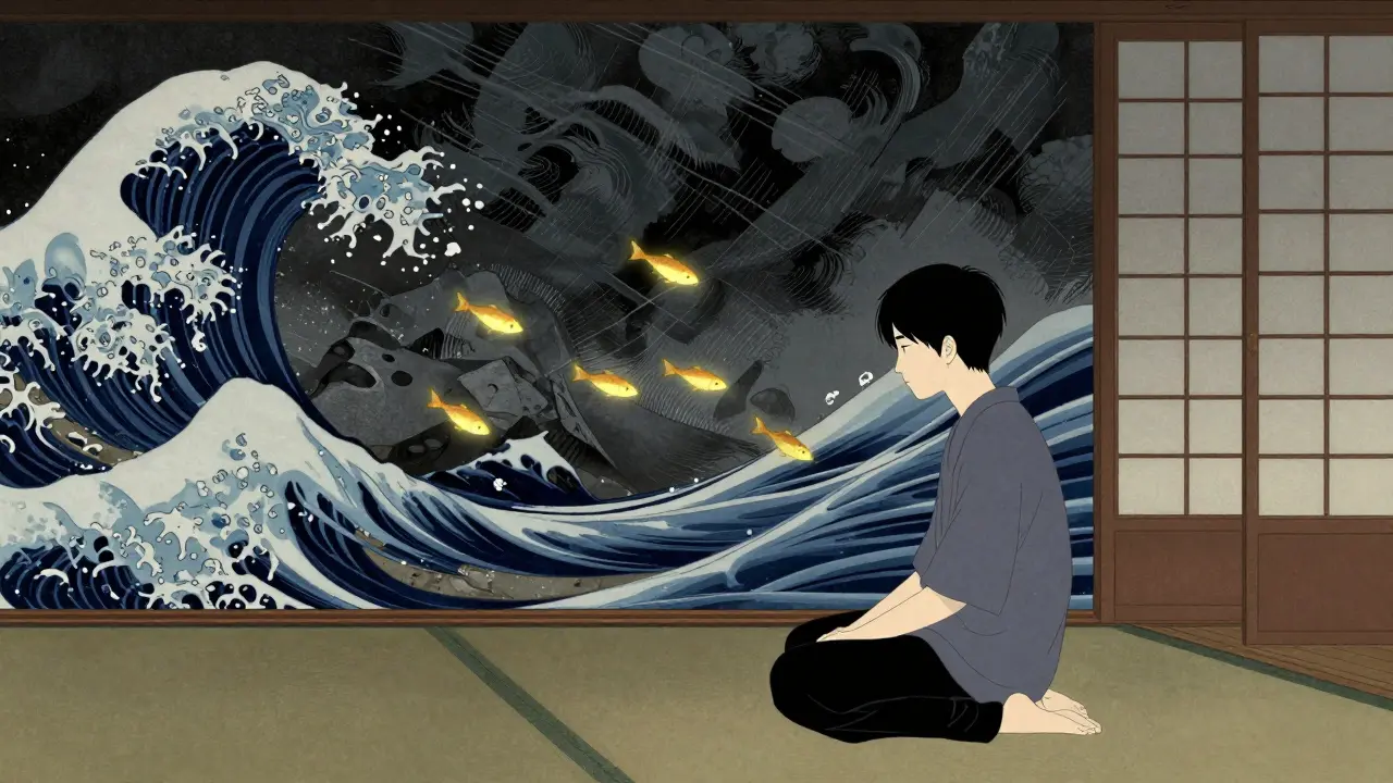 Abstraktní představa emocí a bolesti v stylu japonského dřevorytu