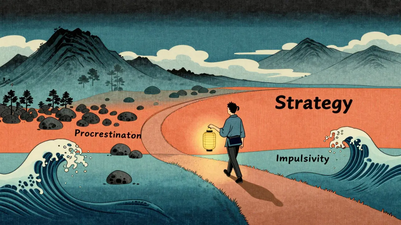 Cesta k diagnóze a terapii překonávající překážky v stylu ukiyo-e ilustrace.