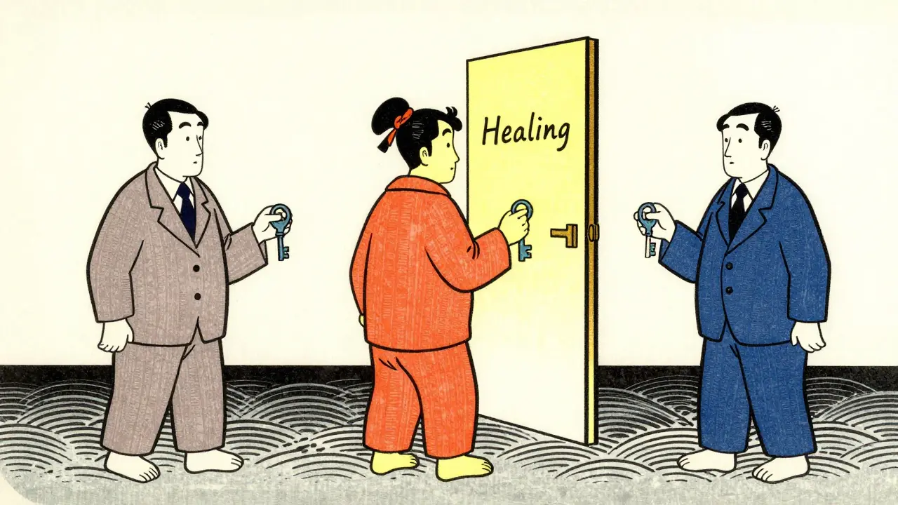 Ilustrace ve stylu Ukiyo-e: tři školy terapie se stejnými klíči
