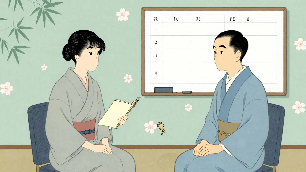 Klidná terapeutická seance s organizovanými nástroji ve stylu japonské grafiky.