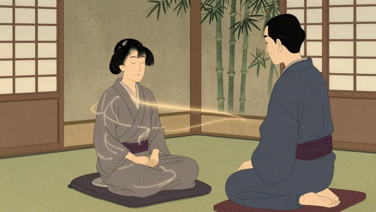Klient v klidné terapii vnímá tělo, atmosféra bezpečí, styl Ukiyo-e.