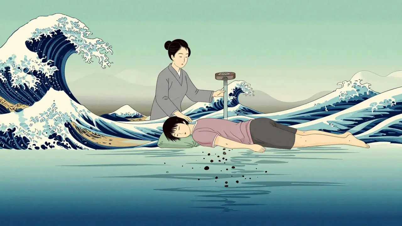 Kresba ve stylu ukiyo-e ukazující uklidňující účinek EMDR terapie na mysl