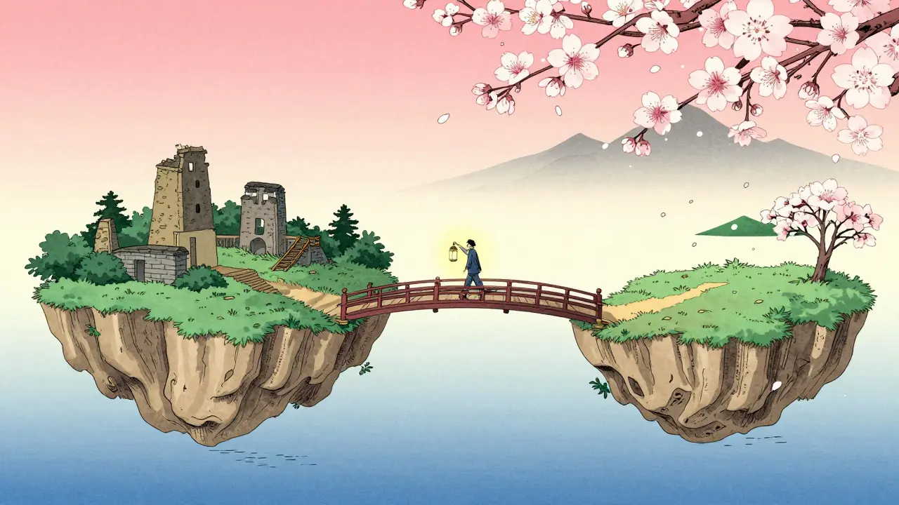 Postava kráčející po mostě do budoucnosti v japonském stylu